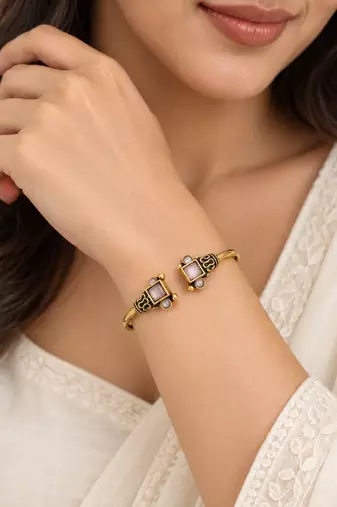Gold plated geometric pink adjustable kada bracelet