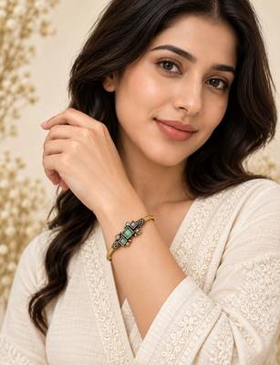 Gold plated geometric pink green adjustable kada bracelet 4