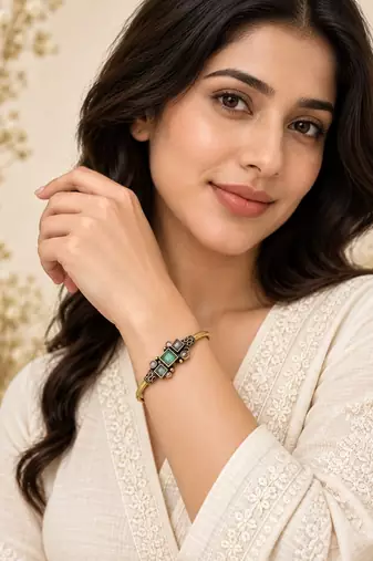 Gold plated geometric pink green adjustable kada bracelet