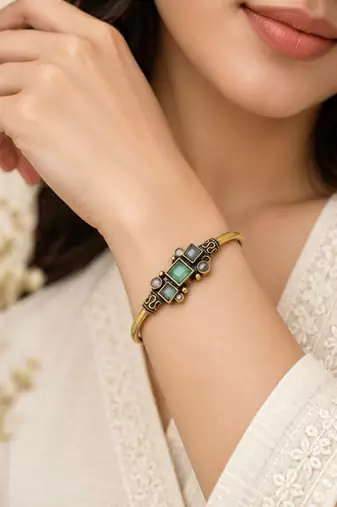 Gold plated geometric pink green adjustable kada bracelet