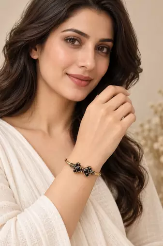 Gold plated geometric black adjustable kada bracelet