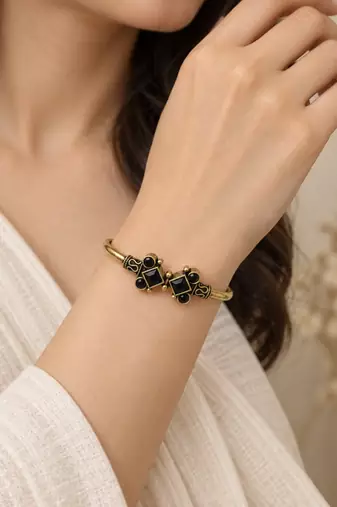 Gold plated geometric black adjustable kada bracelet