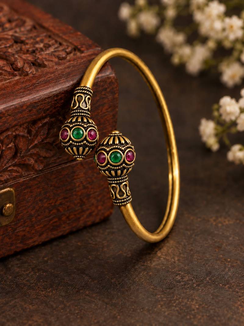 Gold plated red green adjustable kada bracelet