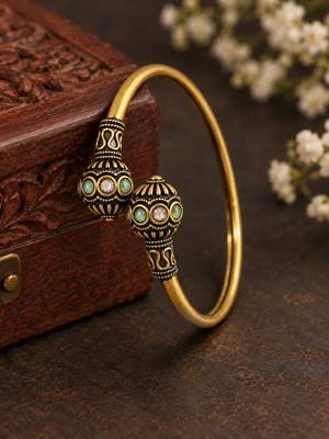 Gold plated pink green adjustable kada bracelet 1