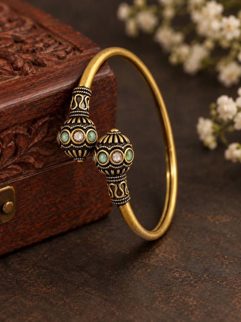 Gold plated pink green adjustable kada bracelet