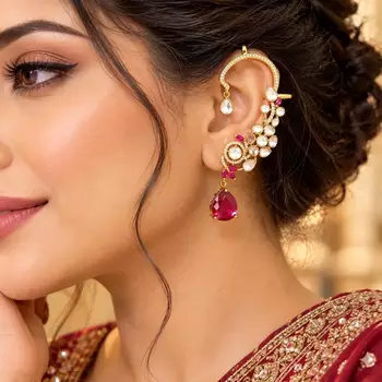Kundan Red Stone Ear Cuff Earrings: Gold Tone Indian Bridal Jewelry 1
