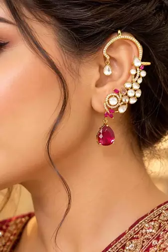 Kundan Red Stone Ear Cuff Earrings: Gold Tone Indian Bridal Jewelry