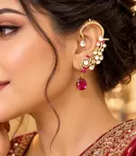 Kundan Red Stone Ear Cuff Earrings: Gold Tone Indian Bridal Jewelry