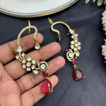Kundan Red Stone Ear Cuff Earrings: Gold Tone Indian Bridal Jewelry 2