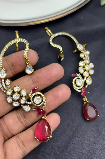 Kundan Red Stone Ear Cuff Earrings: Gold Tone Indian Bridal Jewelry