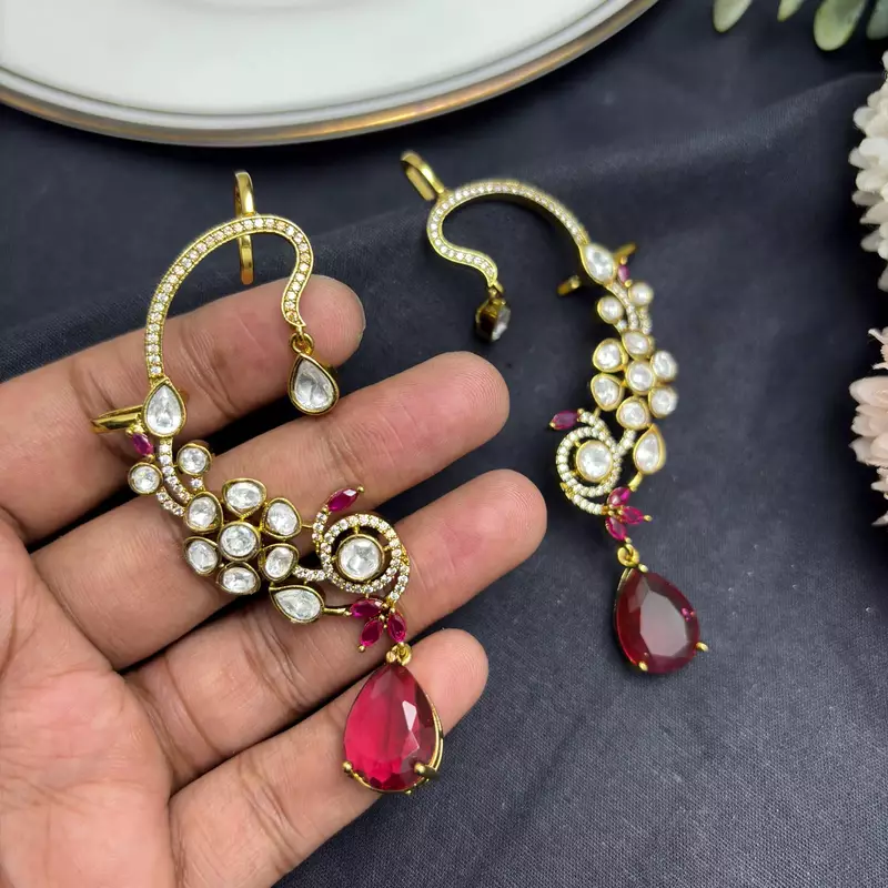 Kundan Red Stone Ear Cuff Earrings: Gold Tone Indian Bridal Jewelry