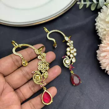 Kundan Red Stone Ear Cuff Earrings: Gold Tone Indian Bridal Jewelry 3