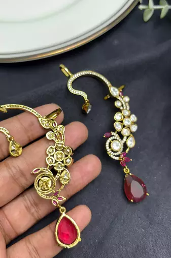 Kundan Red Stone Ear Cuff Earrings: Gold Tone Indian Bridal Jewelry