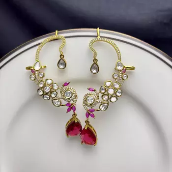Kundan Red Stone Ear Cuff Earrings: Gold Tone Indian Bridal Jewelry 4