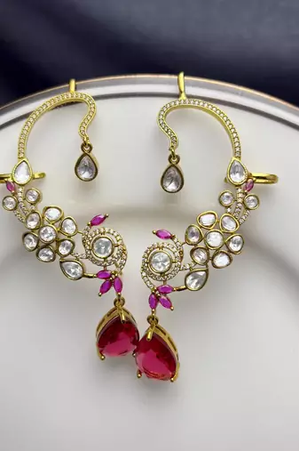Kundan Red Stone Ear Cuff Earrings: Gold Tone Indian Bridal Jewelry