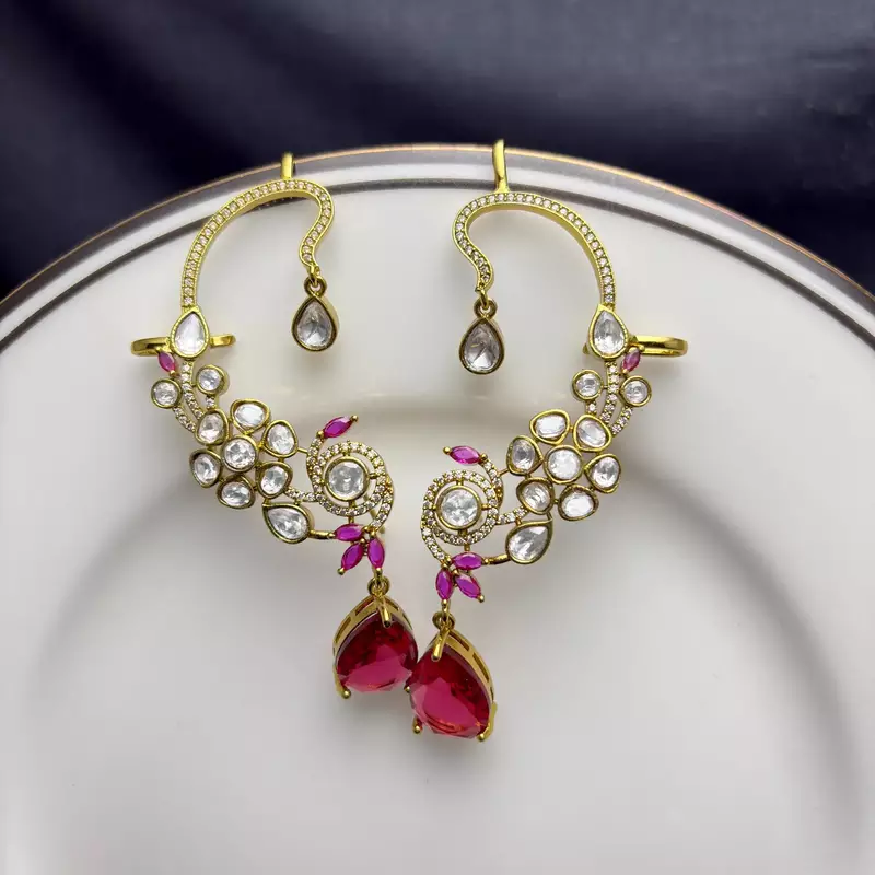 Kundan Red Stone Ear Cuff Earrings: Gold Tone Indian Bridal Jewelry