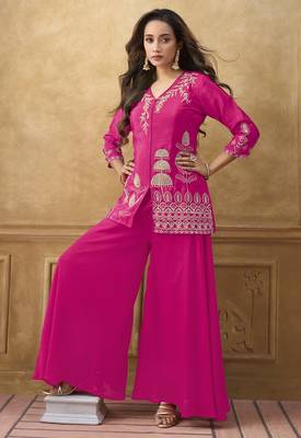 Pink chinnon cotton embroidered v-neck 2 piece set with circular palazzo for women 5