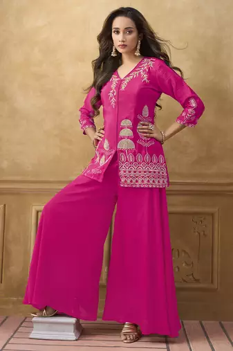 Pink chinnon cotton embroidered v-neck 2 piece set with circular palazzo for women