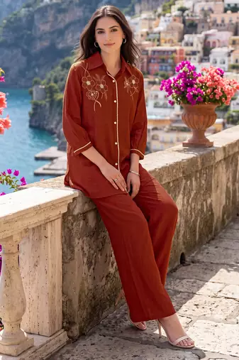 Oranage embroidered mal chanderi shirt style co-ord sets for women