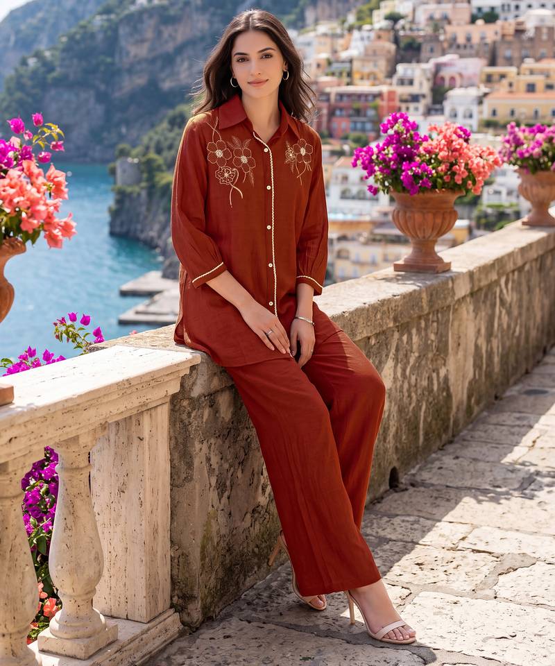 Oranage embroidered mal chanderi shirt style co-ord sets for women