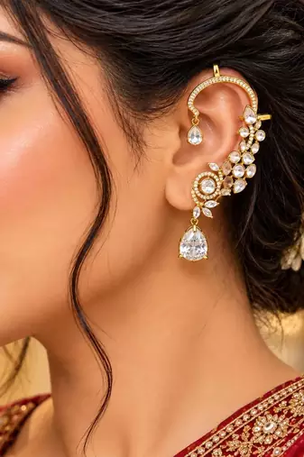 Kundan Chandbali Ear Cuff Earrings, Indian Bridal Jewelry, Floral Teardrop Design