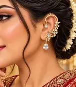 Kundan Chandbali Ear Cuff Earrings, Indian Bridal Jewelry, Floral Teardrop Design