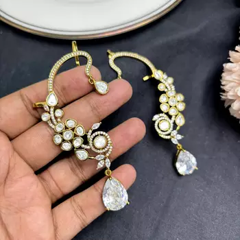 Kundan Chandbali Ear Cuff Earrings, Indian Bridal Jewelry, Floral Teardrop Design 2