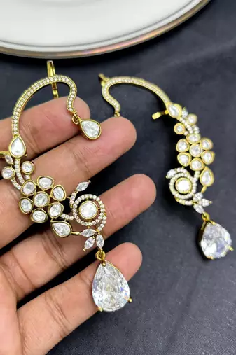 Kundan Chandbali Ear Cuff Earrings, Indian Bridal Jewelry, Floral Teardrop Design
