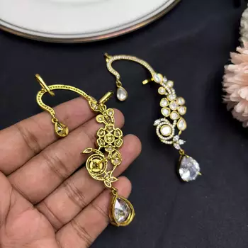Kundan Chandbali Ear Cuff Earrings, Indian Bridal Jewelry, Floral Teardrop Design 3