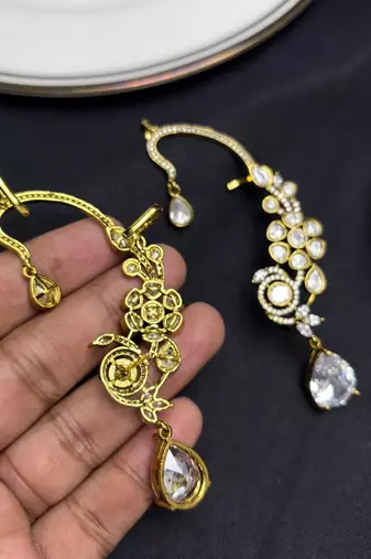Kundan Chandbali Ear Cuff Earrings, Indian Bridal Jewelry, Floral Teardrop Design