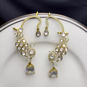 Kundan Chandbali Ear Cuff Earrings, Indian Bridal Jewelry, Floral Teardrop Design 4