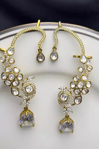 Kundan Chandbali Ear Cuff Earrings, Indian Bridal Jewelry, Floral Teardrop Design