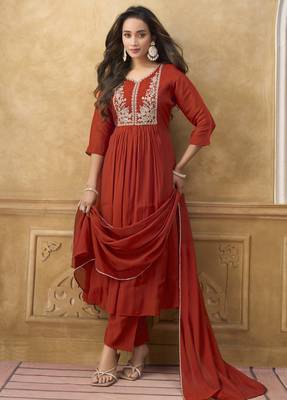 Orange premium mal chanderi embroidered kurta set with pant & embroidered lace dupatta 1