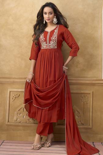 Orange premium mal chanderi embroidered kurta set with pant & embroidered lace dupatta