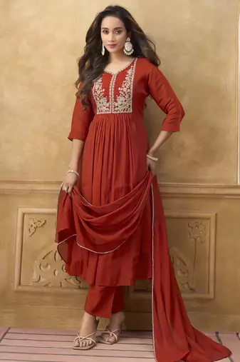 Orange premium mal chanderi embroidered kurta set with pant & embroidered lace dupatta