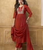 Orange premium mal chanderi embroidered kurta set with pant & embroidered lace dupatta