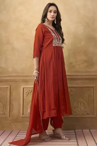 Orange premium mal chanderi embroidered kurta set with pant & embroidered lace dupatta