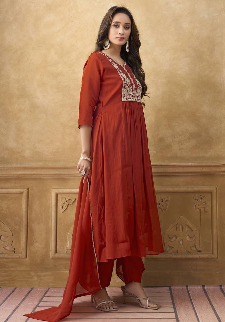 Orange premium mal chanderi embroidered kurta set with pant & embroidered lace dupatta