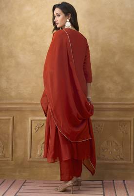 Orange premium mal chanderi embroidered kurta set with pant & embroidered lace dupatta 5