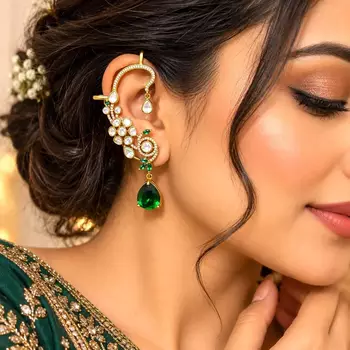 Kundan Green Stone Ear Cuff Earrings, Indian Bridal Jewelry, Festive Statement Climber 1