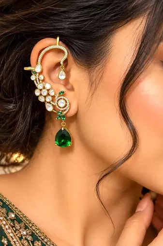 Kundan Green Stone Ear Cuff Earrings, Indian Bridal Jewelry, Festive Statement Climber