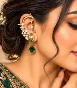 Kundan Green Stone Ear Cuff Earrings, Indian Bridal Jewelry, Festive Statement Climber