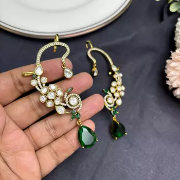 Kundan Green Stone Ear Cuff Earrings, Indian Bridal Jewelry, Festive Statement Climber 2