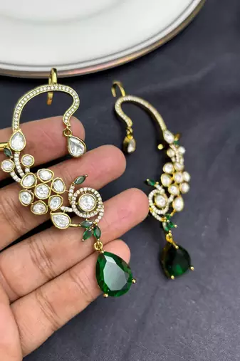 Kundan Green Stone Ear Cuff Earrings, Indian Bridal Jewelry, Festive Statement Climber