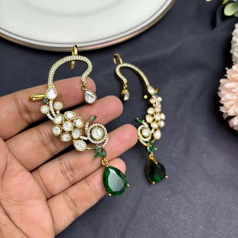Kundan Green Stone Ear Cuff Earrings, Indian Bridal Jewelry, Festive Statement Climber