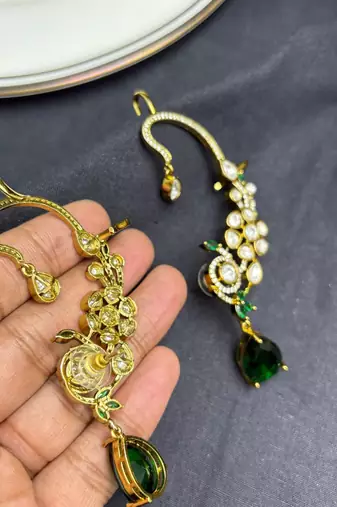 Kundan Green Stone Ear Cuff Earrings, Indian Bridal Jewelry, Festive Statement Climber