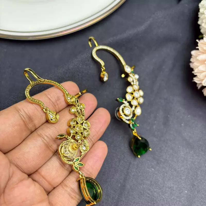 Kundan Green Stone Ear Cuff Earrings, Indian Bridal Jewelry, Festive Statement Climber