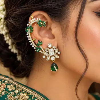 Kundan Green Stone Ear Cuff, Indian Bridal Jewelry, Gold Tone Ear Wrap 1