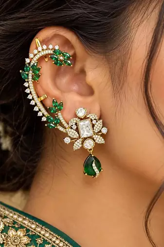 Kundan Green Stone Ear Cuff, Indian Bridal Jewelry, Gold Tone Ear Wrap