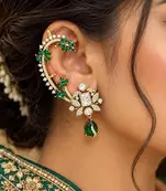 Kundan Green Stone Ear Cuff, Indian Bridal Jewelry, Gold Tone Ear Wrap